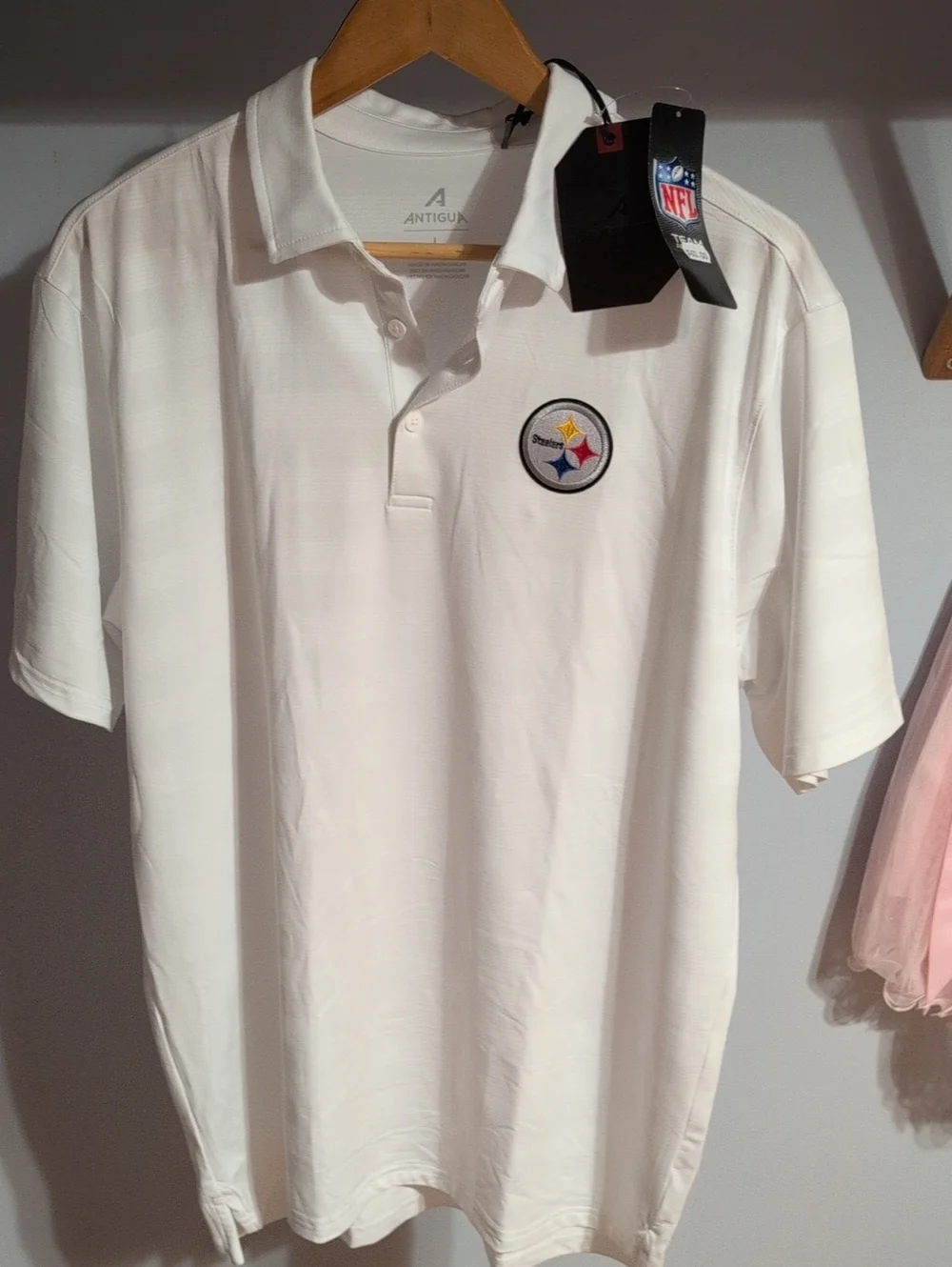 Antigua White Polo with Embroidered Steelers Patch